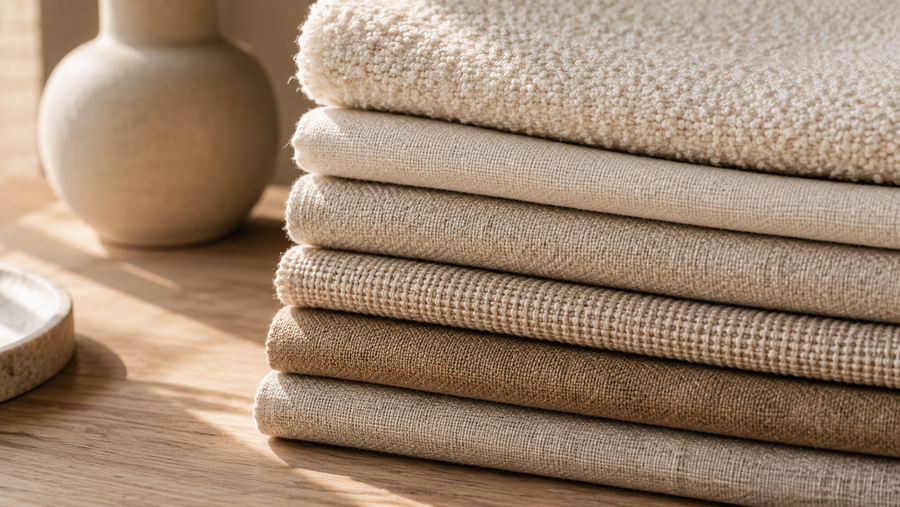 Stack of upholstery fabric samples in warm neutral tones